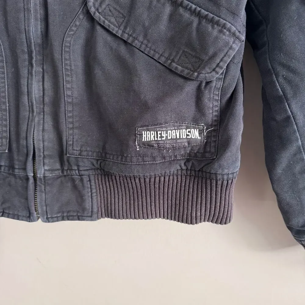 Harley Davidson Reversible Embroidered Canvas Bomber Jacket Black Size Medium - Picture 3 of 9